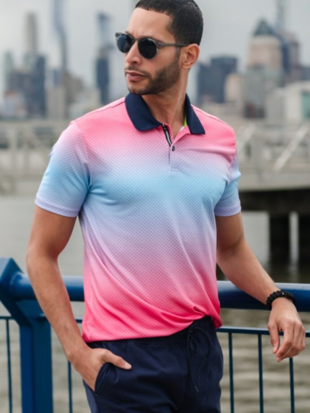 Society Of Threads Men’s Pink Blue Ombre Polka Dot Performance Polo Shirt
